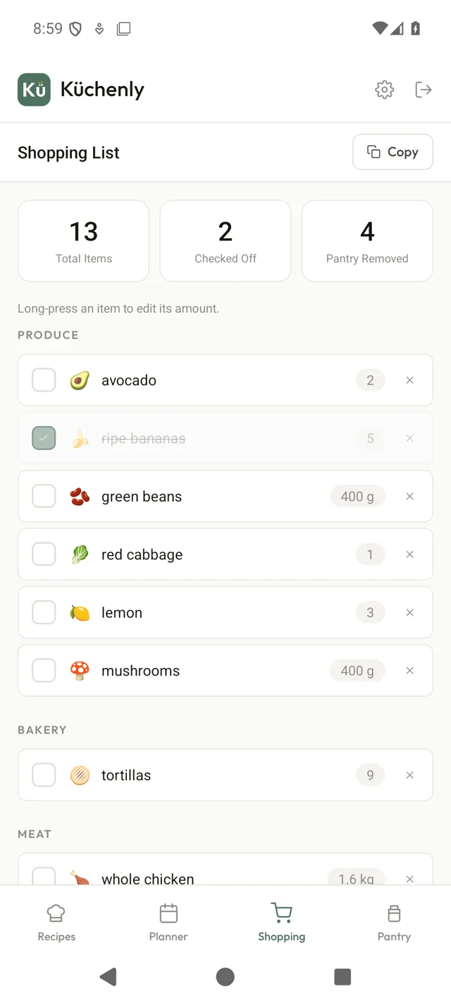 Kuchenly shopping list grouped by supermarket aisle - produce, bakery and meat sections with quantities, and pantry staples already removed